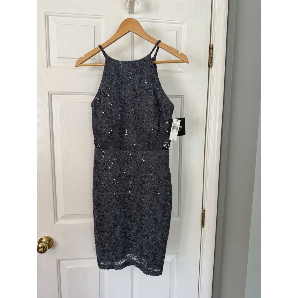 NWT By & By Charcoal Gray Sequin Lace Halter Bodycon Mini Dress Size 7